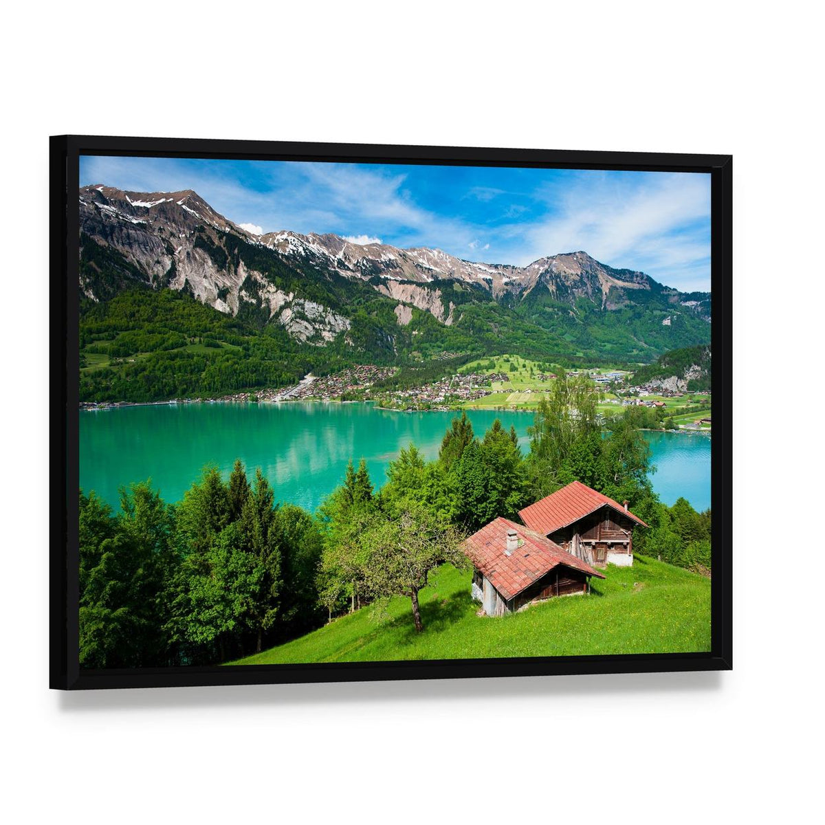 Lake Brienz Switzerland Canvas Wall Art, framed canvas in a black floater frame, angled product view
