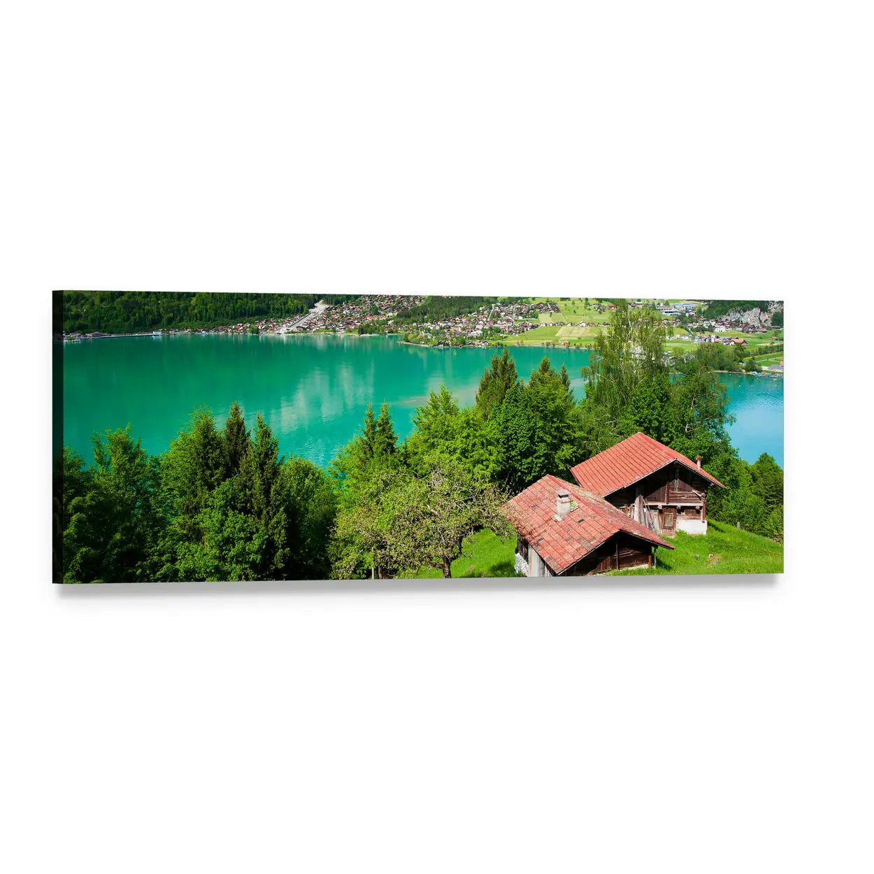 Lake Brienz Turquoise Alpine Lake View Panoramic Canvas Wall Art, single panel gallery wrapped canvas, angled product view
