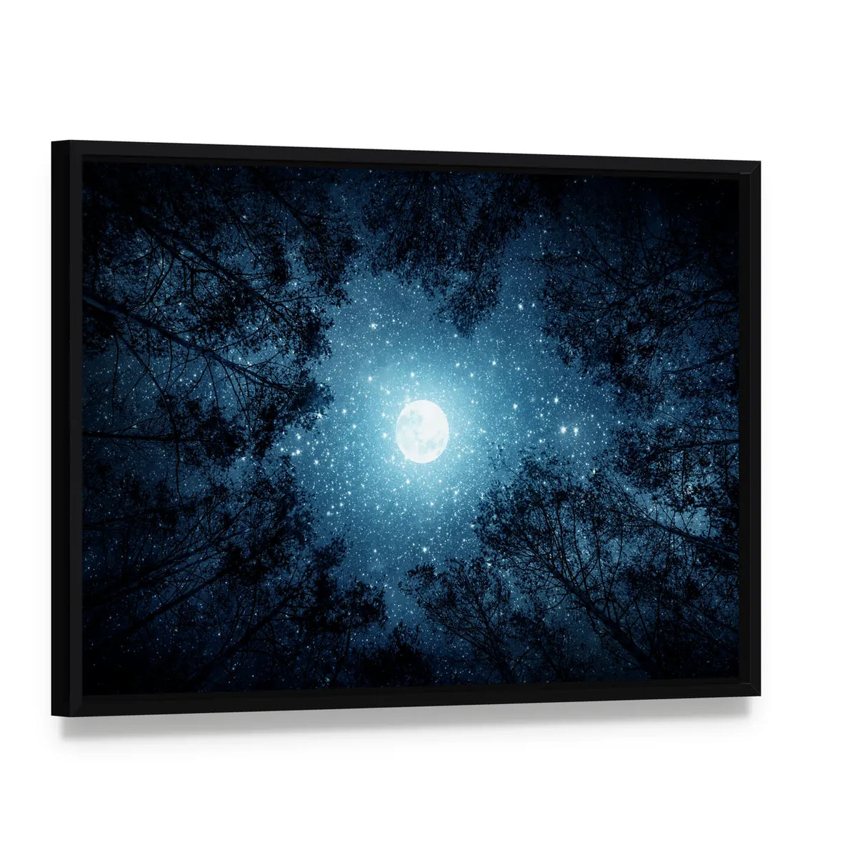 Milky Way And Moon From Forest Trees Canvas Wall Art, framed canvas in a black floater frame, angled product view