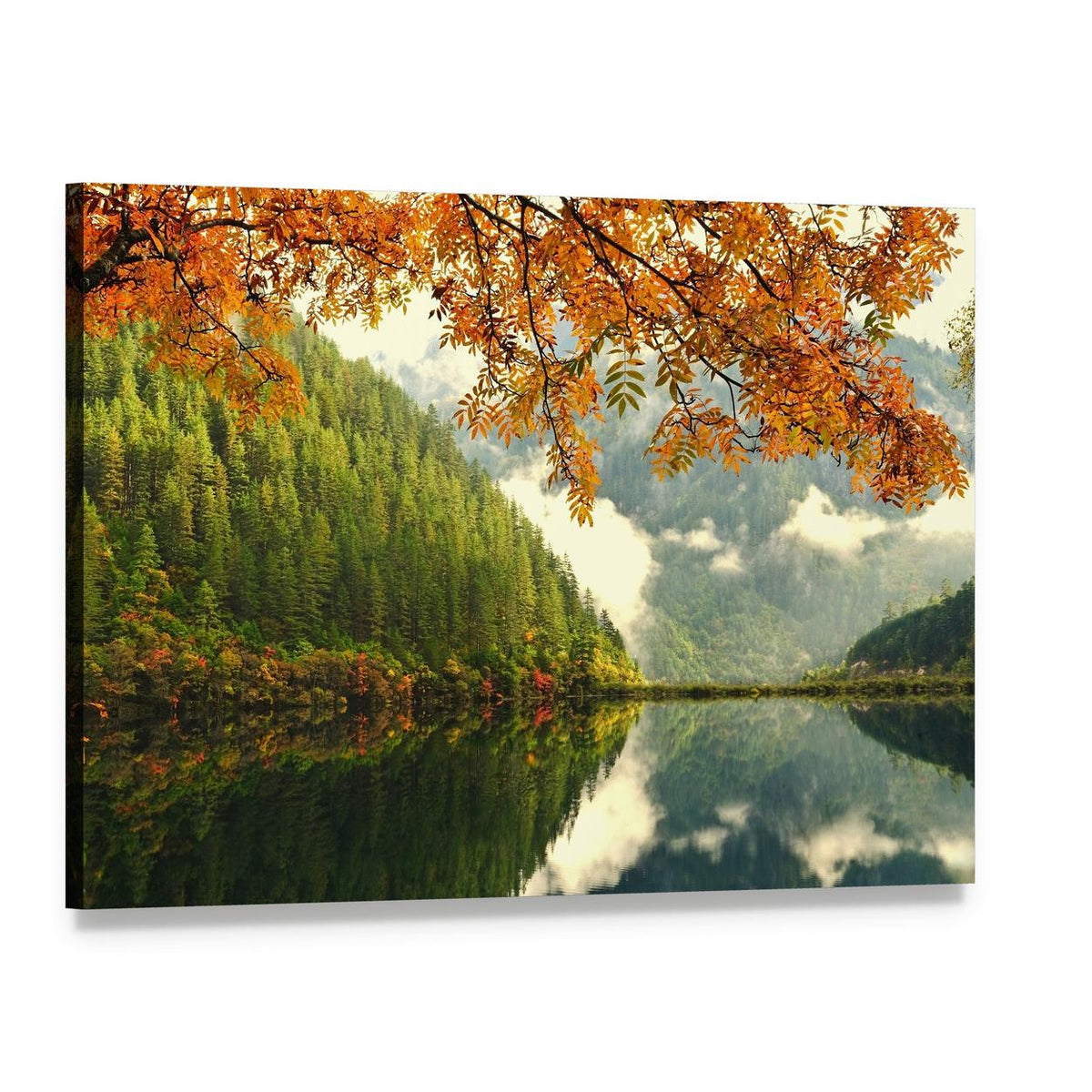 Autumn Mountain Lake Reflection Canvas Wall Art, single panel gallery wrapped canvas, angled product view