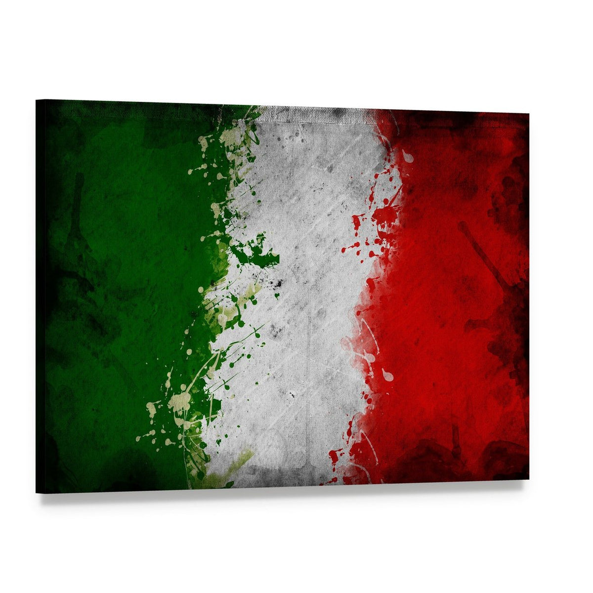 Italian Flag with Splatter Paint Canvas Wall Art, single panel gallery wrapped canvas, angled product view