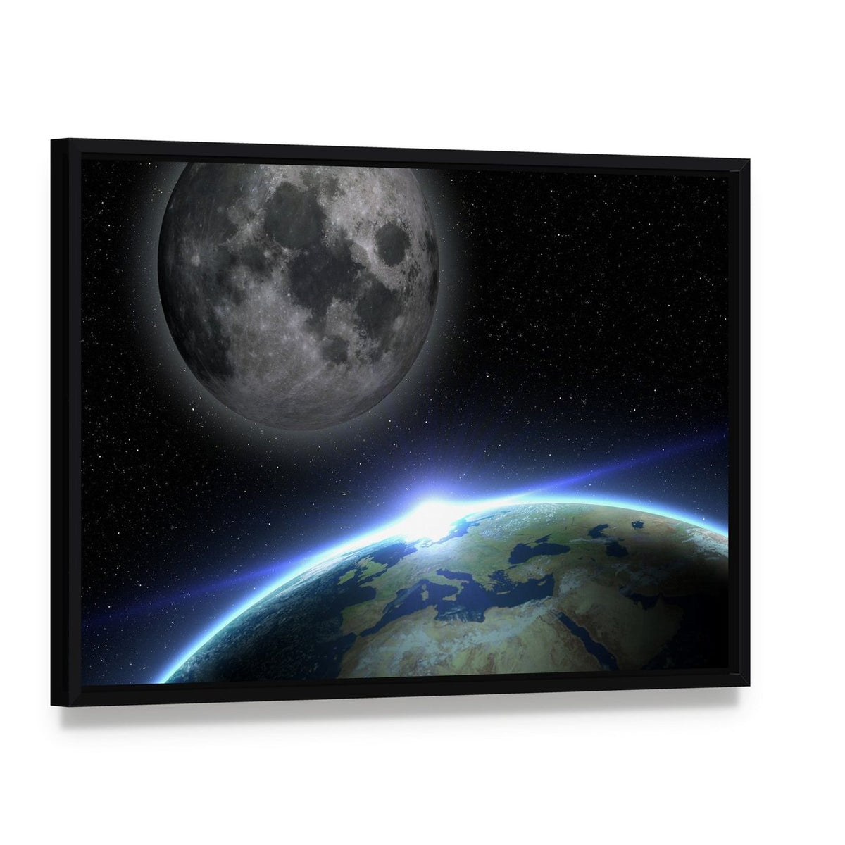 Earth and Moon with Orbital Sunrise Canvas Wall Art, framed canvas in a black floater frame, angled product view