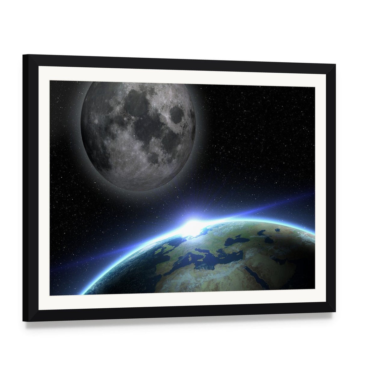 Earth and Moon with Orbital Sunrise Canvas Wall Art, framed print with white mat and black frame, angled product view