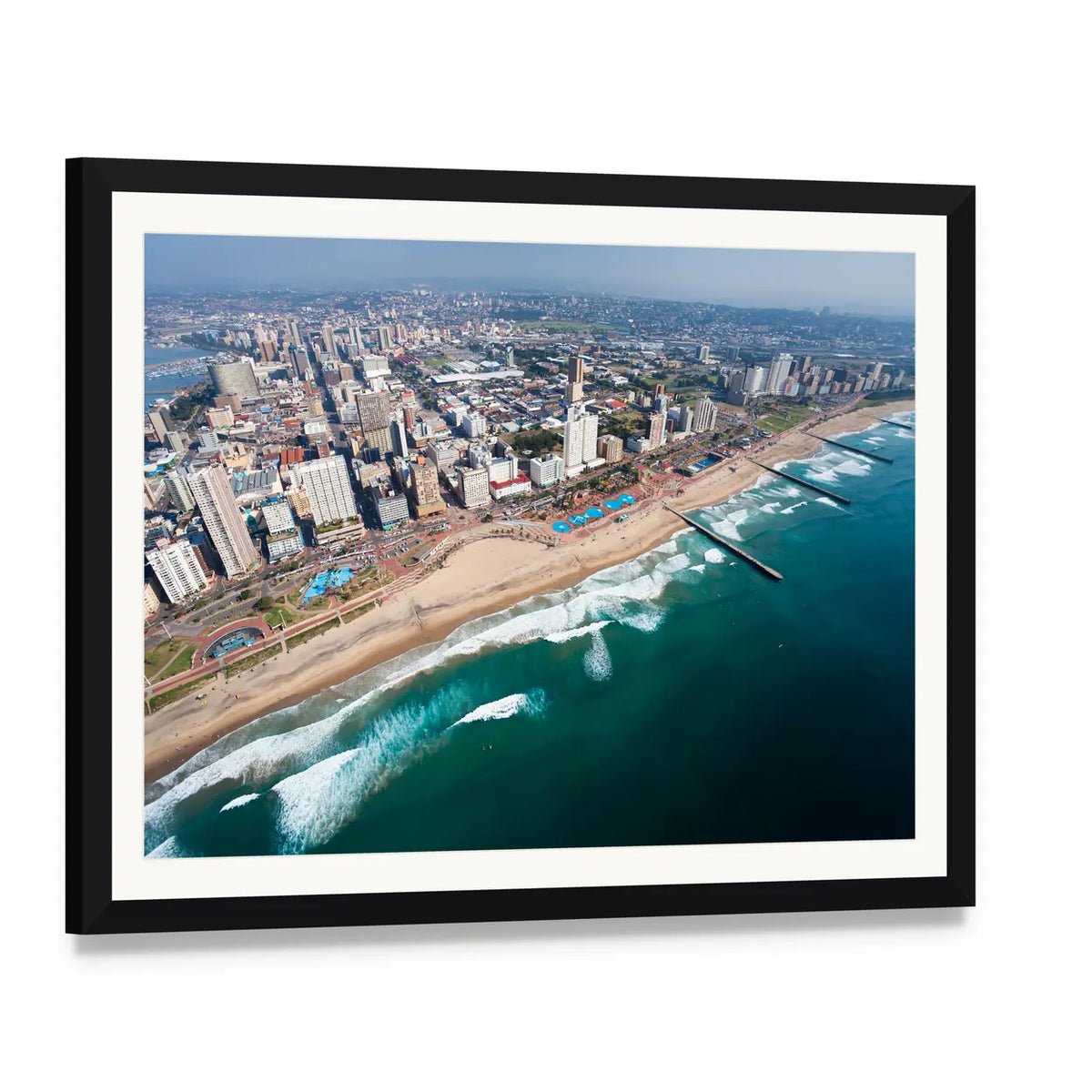 Durban Beach and City Skyline Canvas Wall Art, framed print with white mat and black frame, angled product view