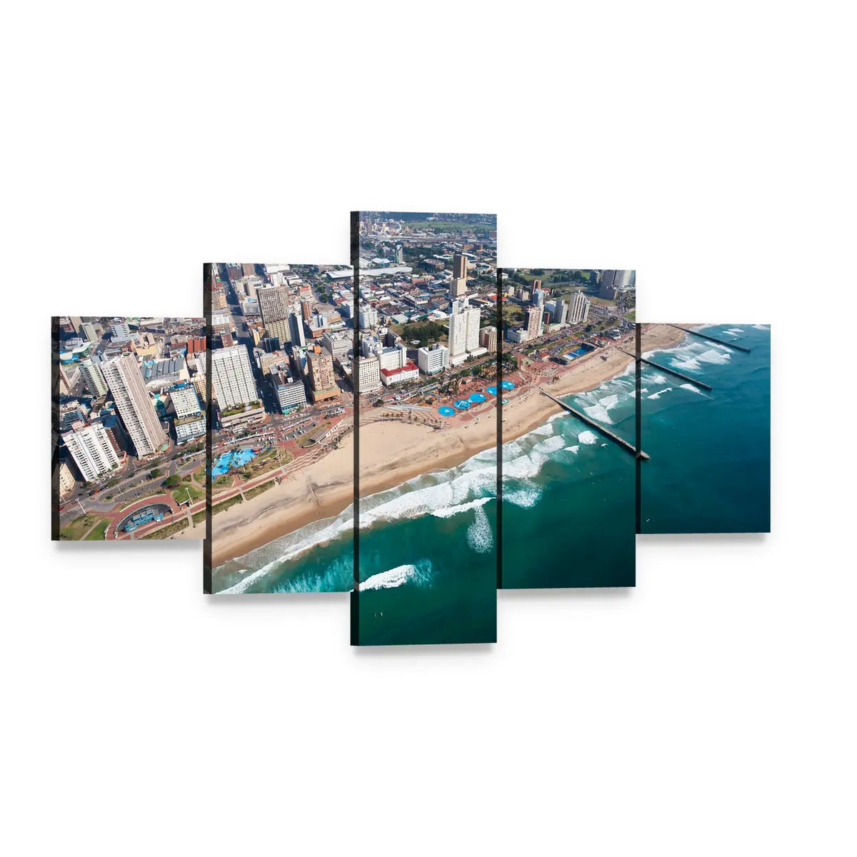 Durban Beach and City Skyline Canvas Wall Art, 5 panel 5 Star layout gallery wrapped canvas set, angled product view