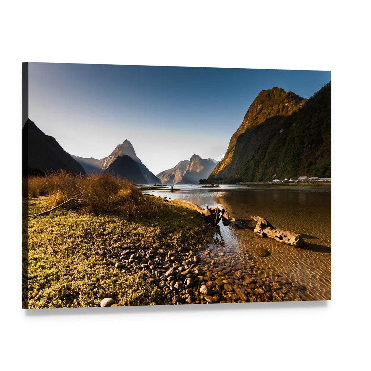 Milford Sound Shoreline at Late Afternoon Canvas Wall Art, single panel gallery wrapped canvas, angled product view