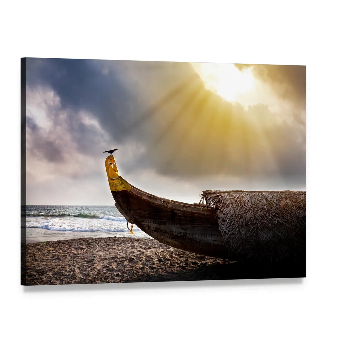 Crow on a Fishing Boat at Sunset Canvas Wall Art, single panel gallery wrapped canvas, angled product view