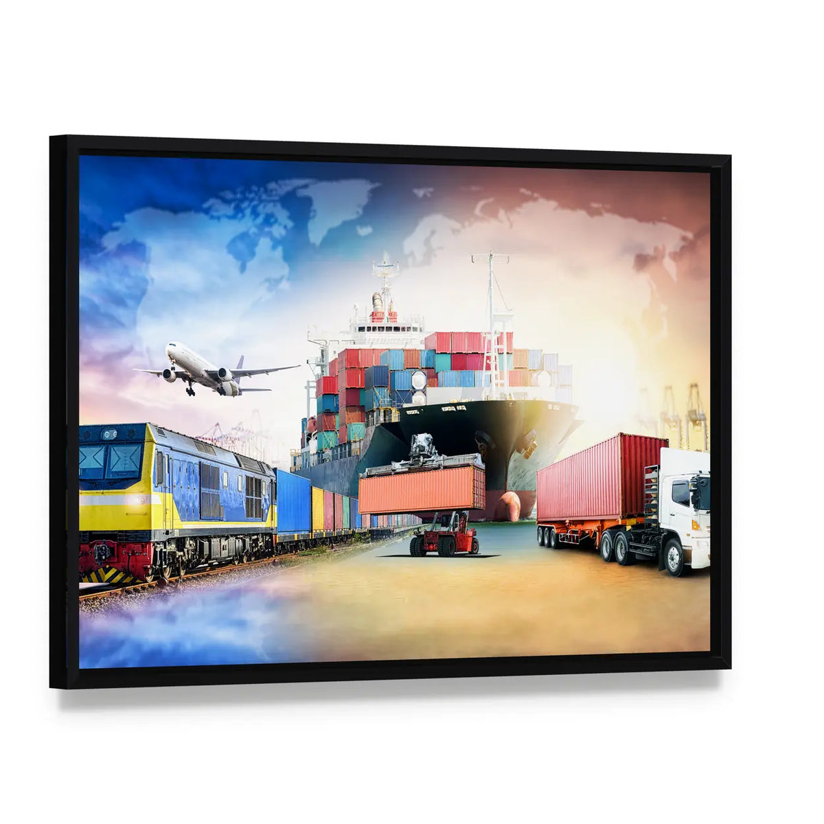 Global Logistics Transport Collage Canvas Wall Art, framed canvas in a black floater frame, angled product view