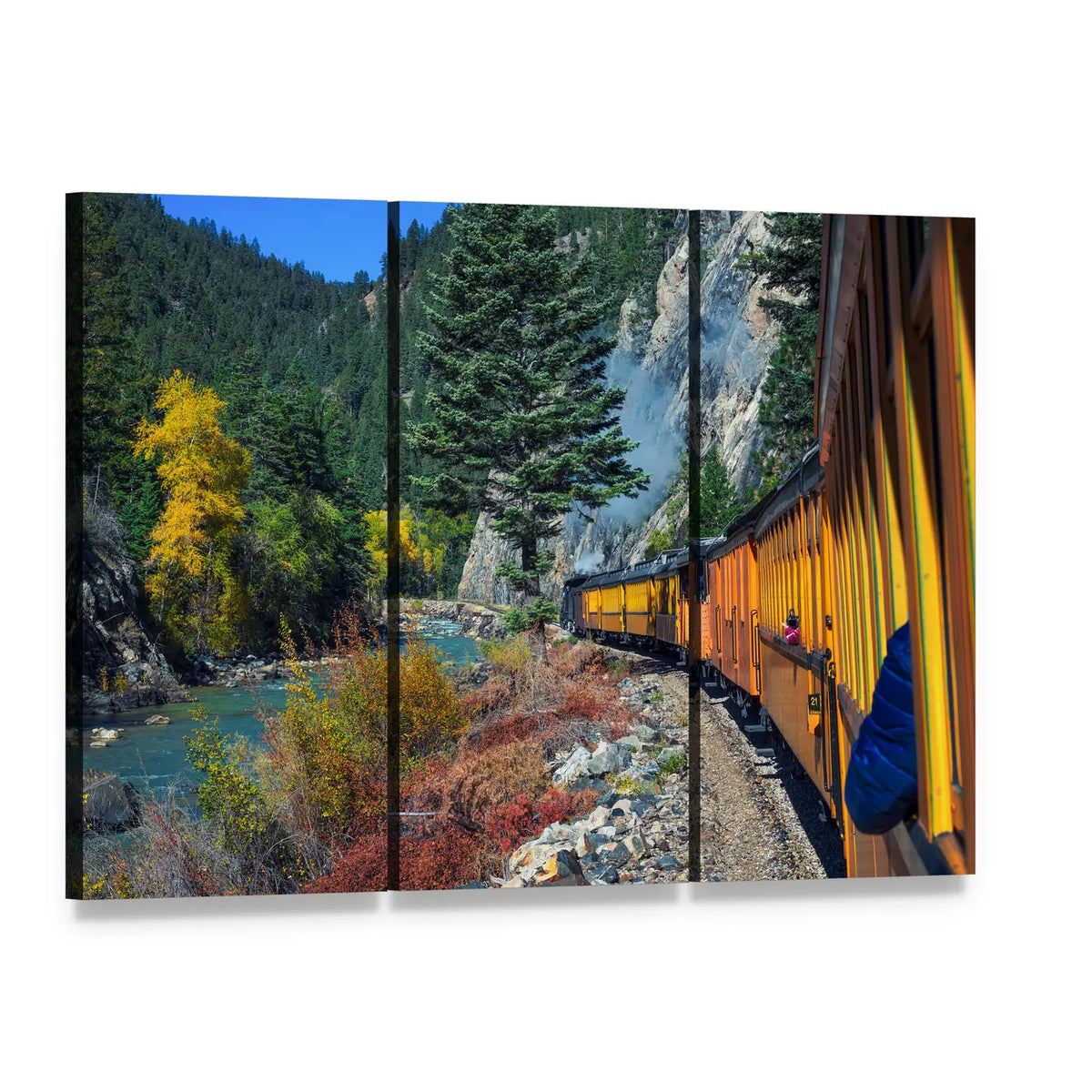Yellow Steam Train in Colorado Mountains Canvas Wall Art, 3 panel 3 Horizontal layout gallery wrapped canvas set, angled product view