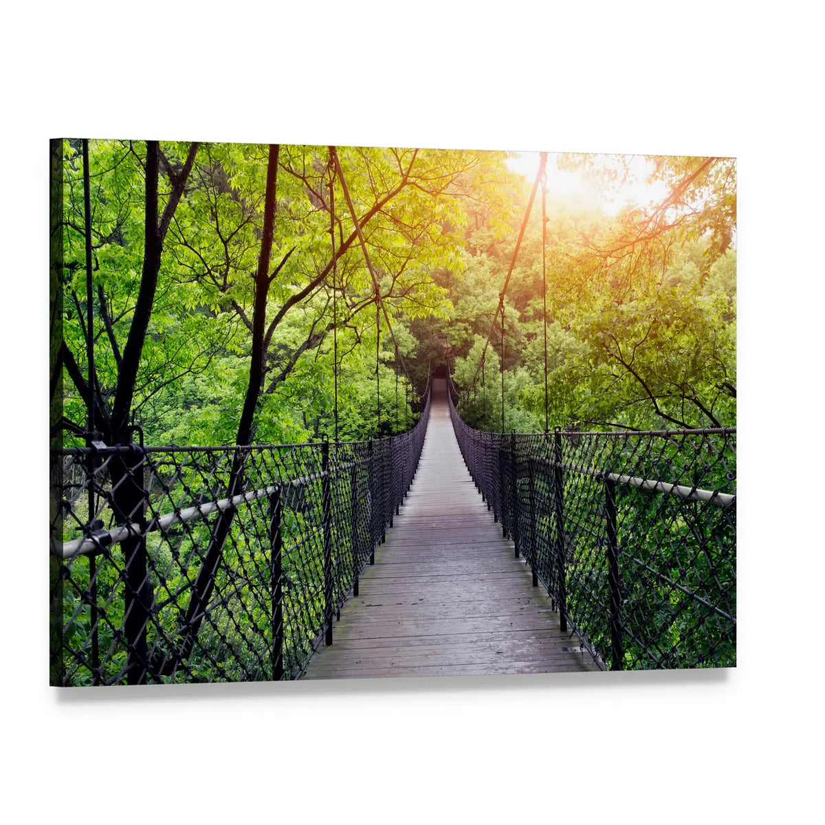 Sunlit Jungle Suspension Bridge Canvas Wall Art, single panel gallery wrapped canvas, angled product view