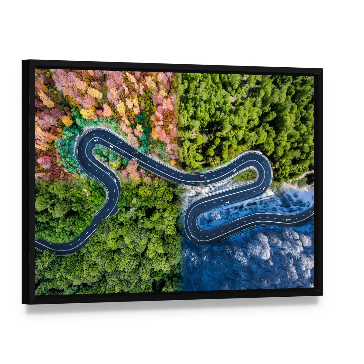 Highway Through The Forest Canvas Wall Art, framed canvas in a black floater frame, angled product view