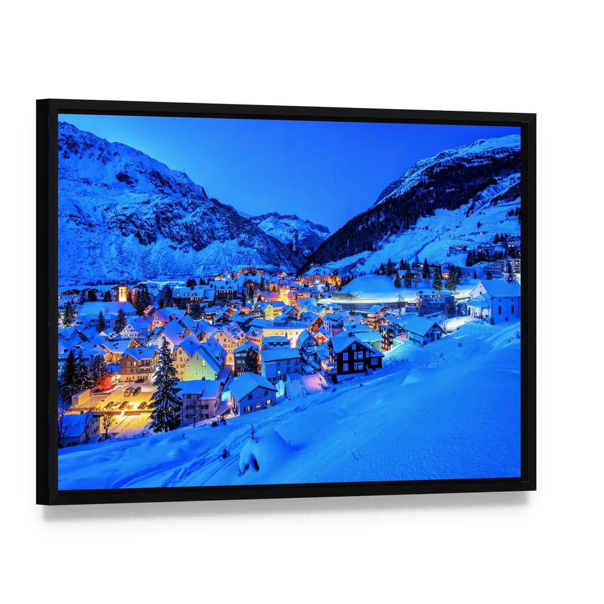 Andermatt Village In Swiss Alps Mountains Canvas Wall Art, framed canvas in a black floater frame, angled product view