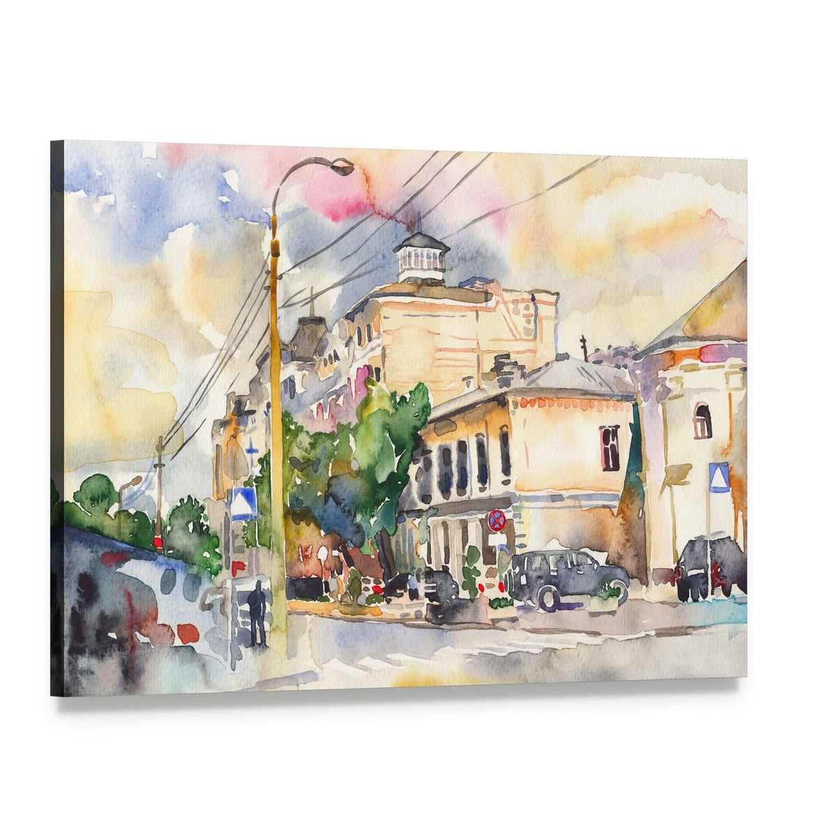 Watercolor City Street Illustration Canvas Wall Art, single panel gallery wrapped canvas, angled product view