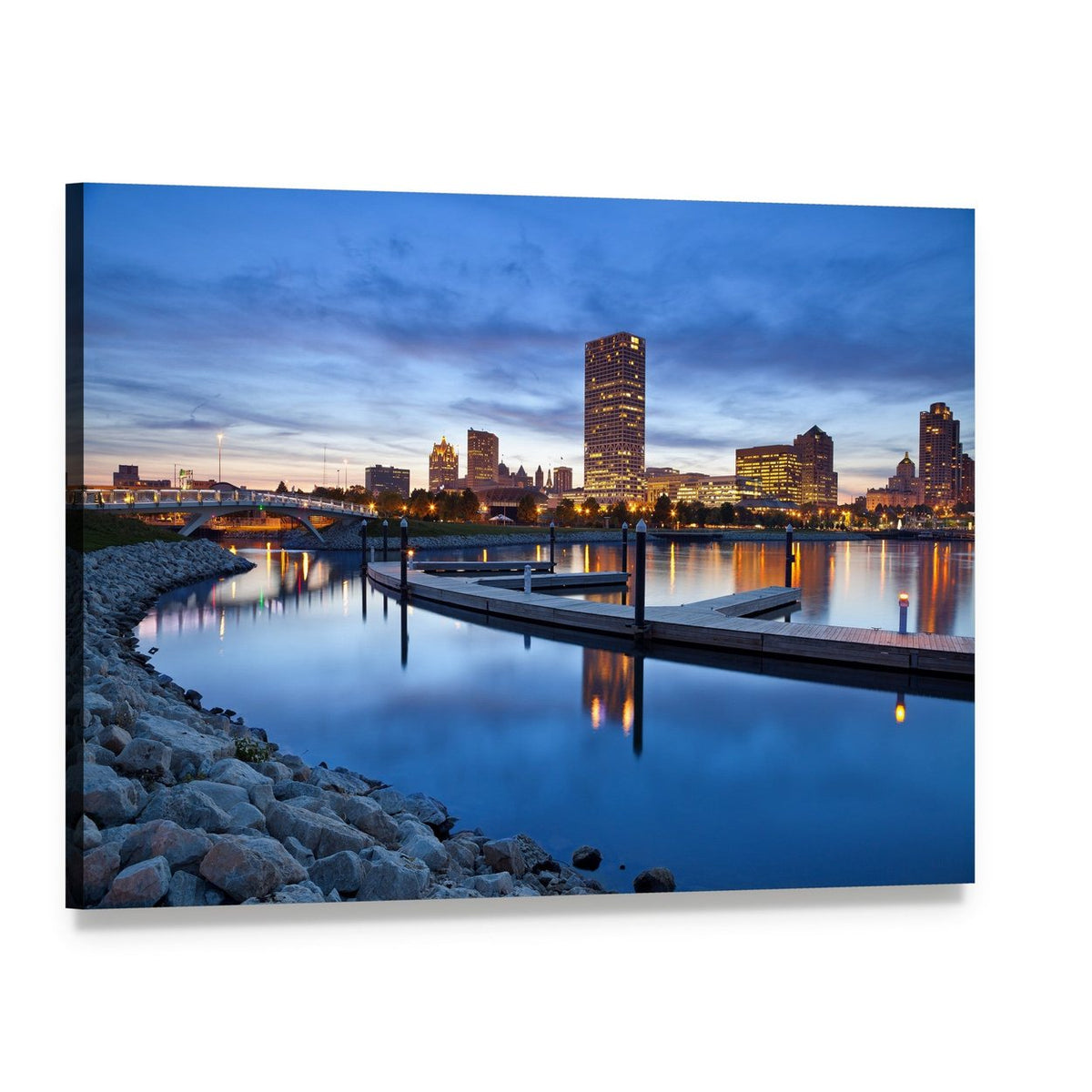 Milwaukee Skyline at Dusk Canvas Wall Art, single panel gallery wrapped canvas, angled product view