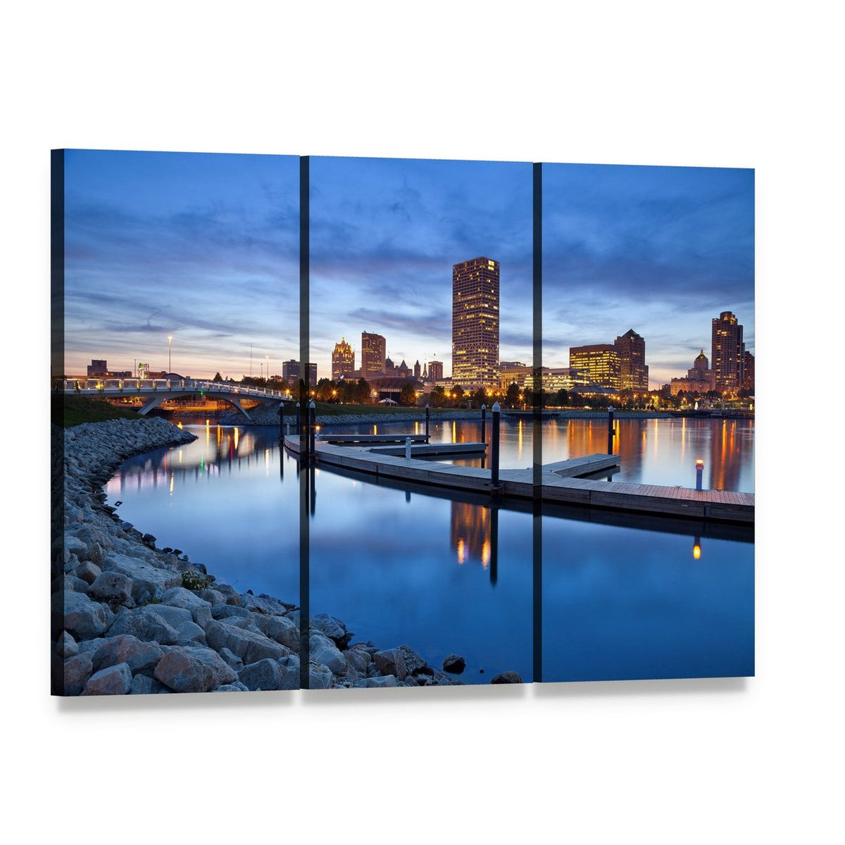 Milwaukee Skyline at Dusk Canvas Wall Art, 3 panel 3 Horizontal layout gallery wrapped canvas set, angled product view