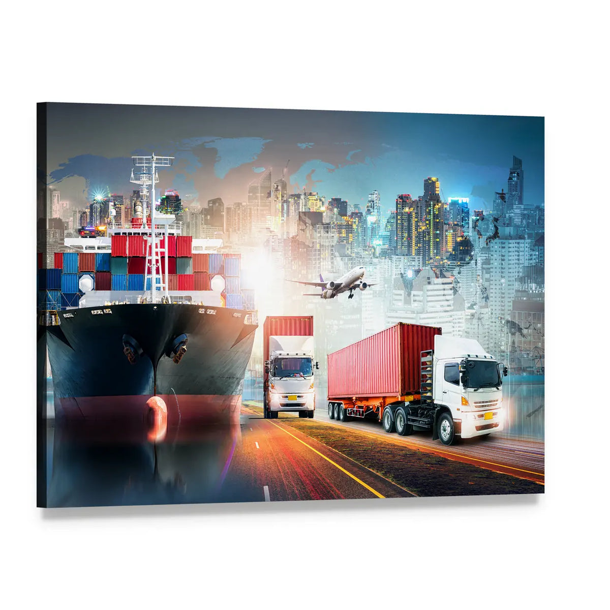 Global Logistics Collage with Cargo Ship and Containers Canvas Wall Art, single panel gallery wrapped canvas, angled product view