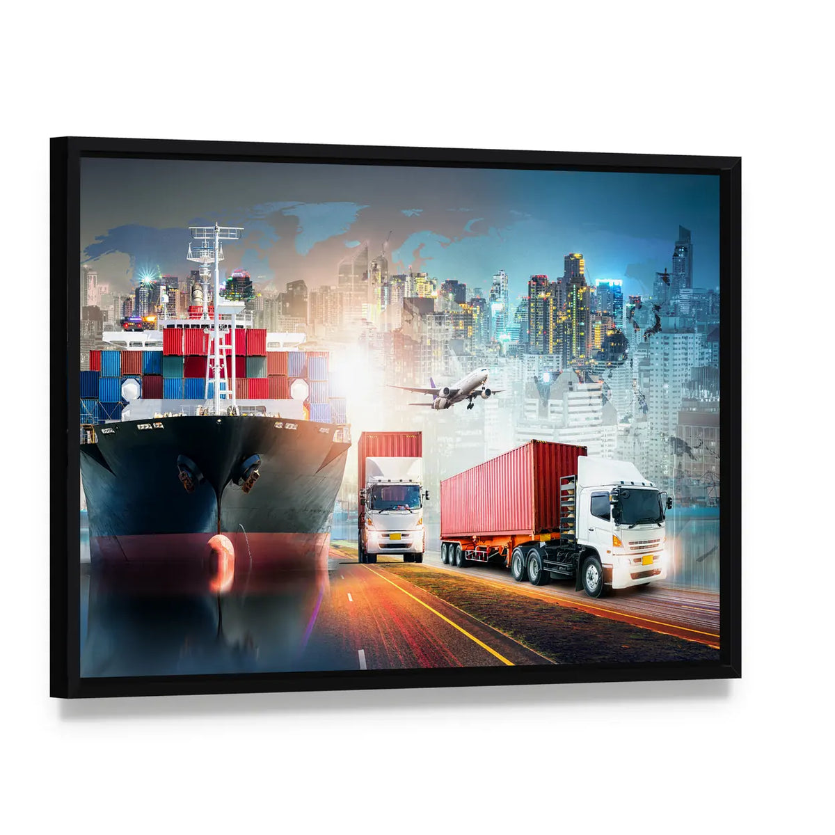 Global Logistics Collage with Cargo Ship and Containers Canvas Wall Art, framed canvas in a black floater frame, angled product view