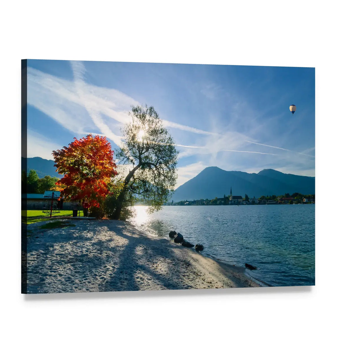 Autumn Lakeside with Sun Flare Canvas Wall Art, single panel gallery wrapped canvas, angled product view