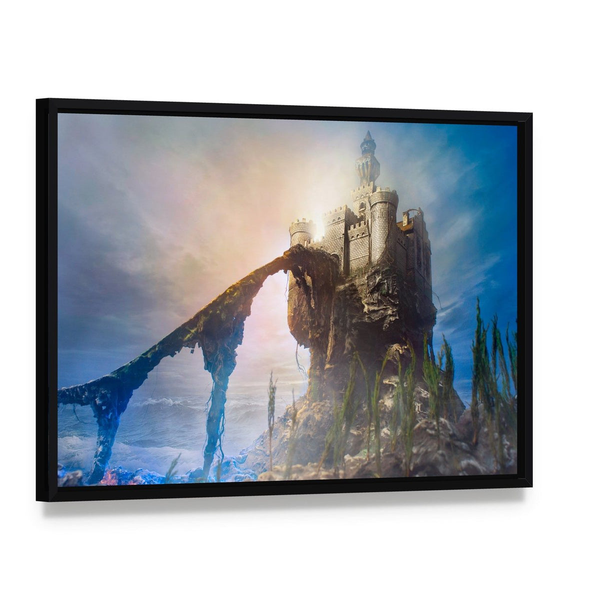 Old Castle on Hill Canvas Wall Art, framed canvas in a black floater frame, angled product view