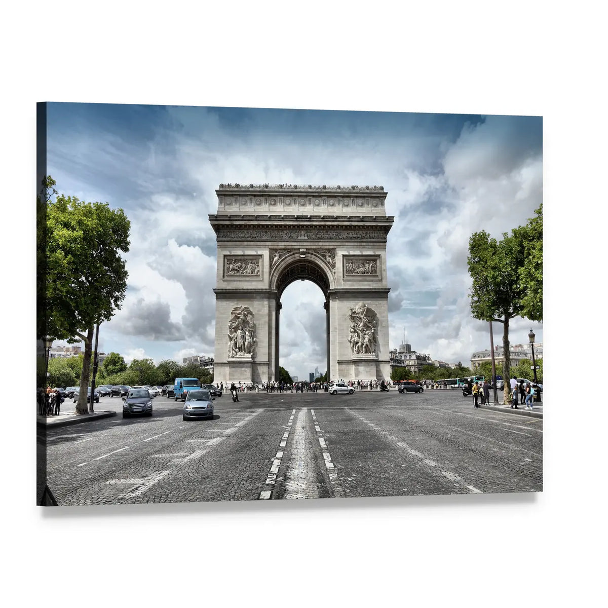 Arc De Triomphe on Paris Avenue Canvas Wall Art, single panel gallery wrapped canvas, angled product view