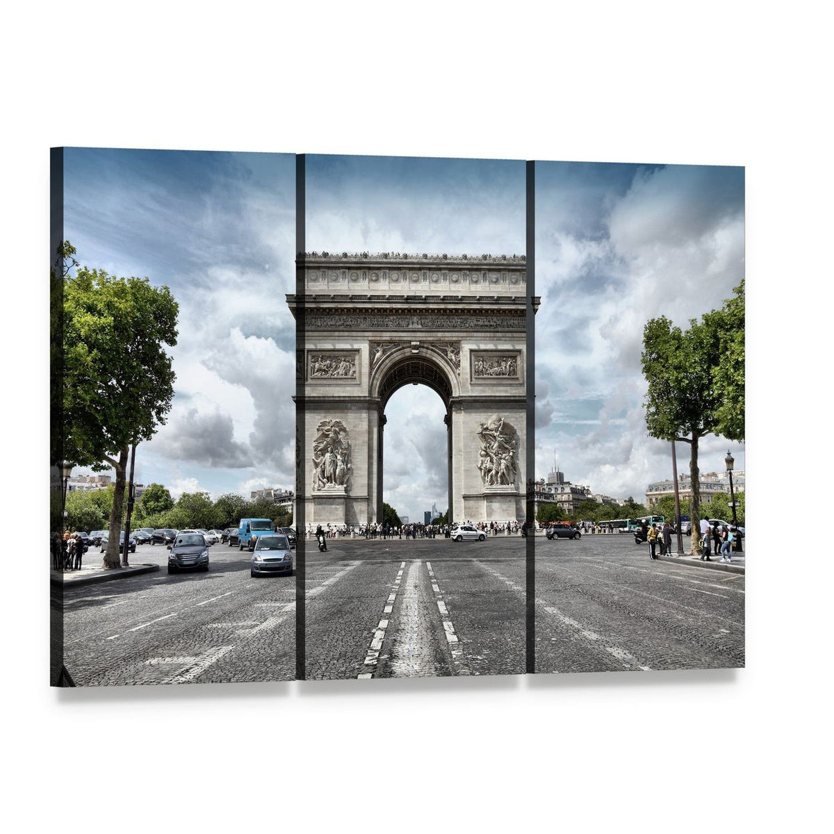 Arc De Triomphe on Champs-élysées Canvas Wall Art, 3 panel 3 Horizontal layout gallery wrapped canvas set, angled product view