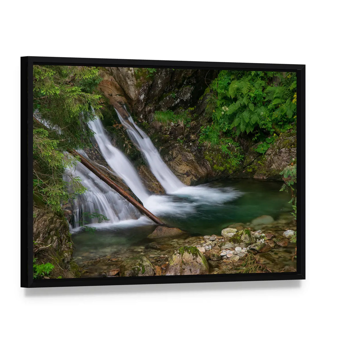Mountain Mickiewicz Waterfall Canvas Wall Art, framed canvas in a black floater frame, angled product view
