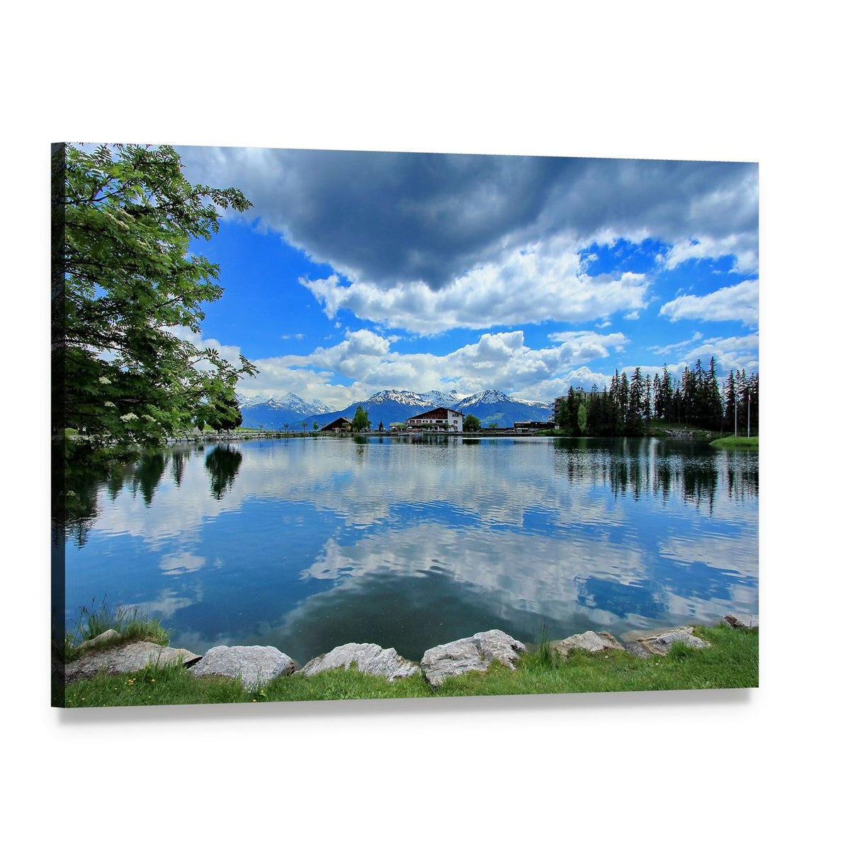 Crans Montana Lake Canvas Wall Art, single panel gallery wrapped canvas, angled product view
