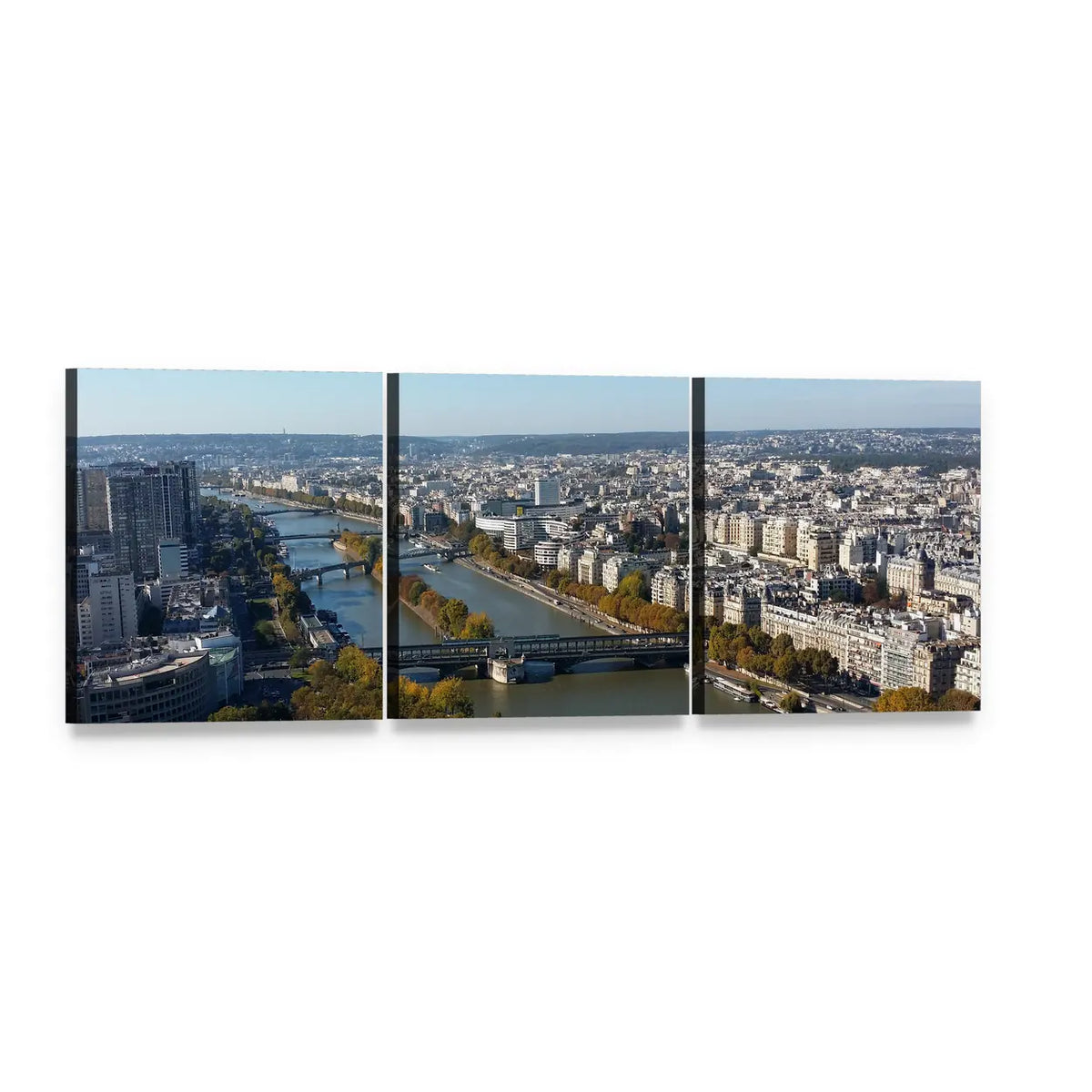 Aerial View of Paris and the Seine Panoramic Canvas Wall Art, 3 panel 3 Piece layout gallery wrapped canvas set, angled product view