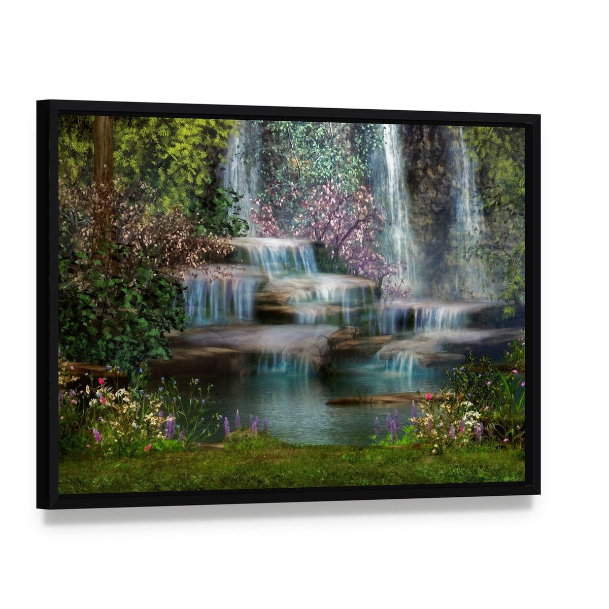Magical Waterfalls Canvas Wall Art, framed canvas in a black floater frame, angled product view