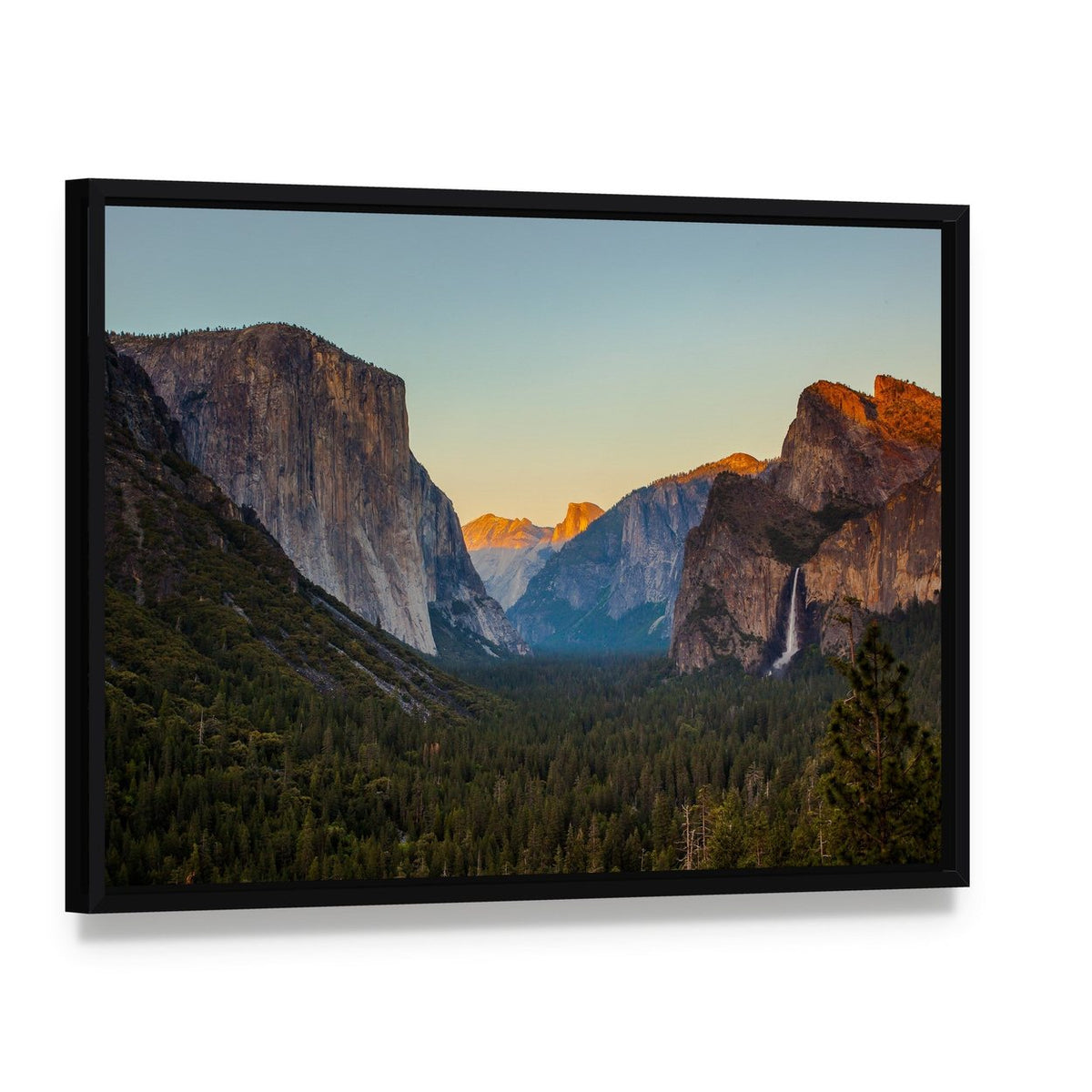 Yosemite Valley at Sunset Canvas Wall Art, framed canvas in a black floater frame, angled product view