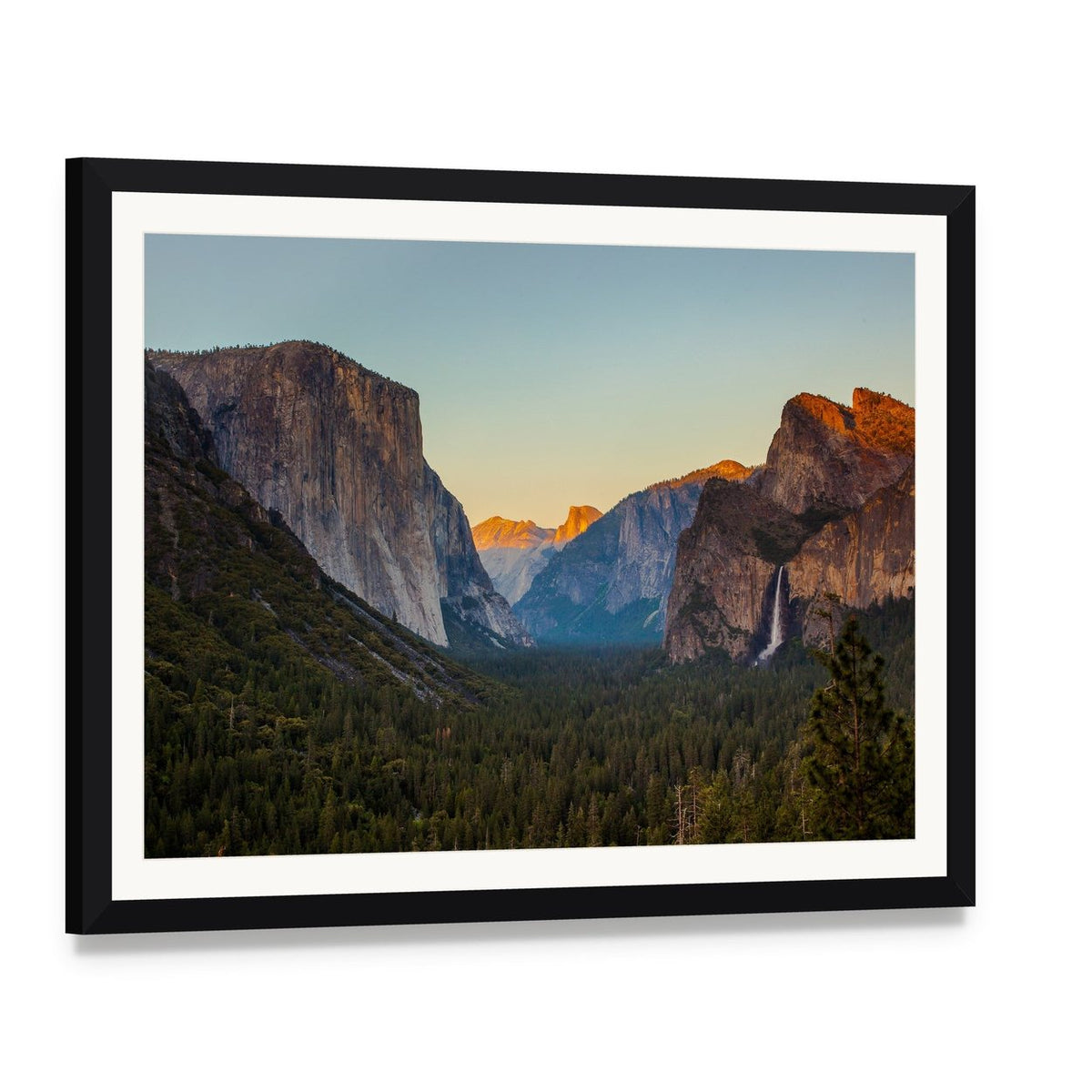 Yosemite Valley at Sunset Canvas Wall Art, framed print with white mat and black frame, angled product view