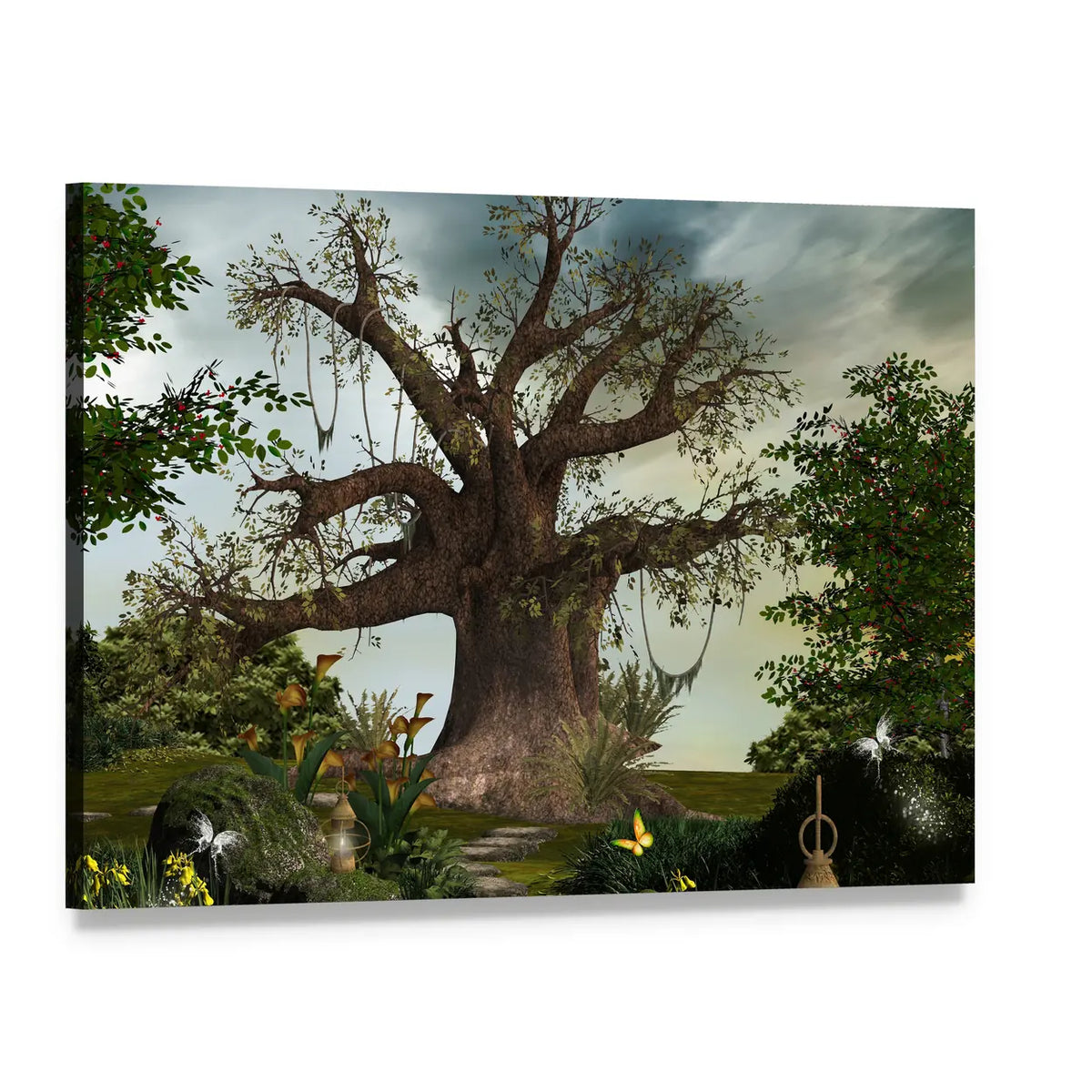 Ancient Gnarled Tree with Stone Path and Glowing Insects Canvas Wall Art, single panel gallery wrapped canvas, angled product view