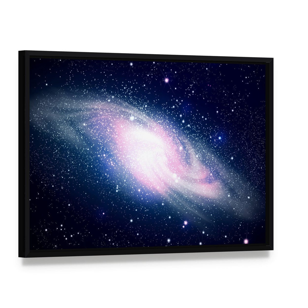 Glowing Galaxy and Stars Canvas Wall Art, framed canvas in a black floater frame, angled product view