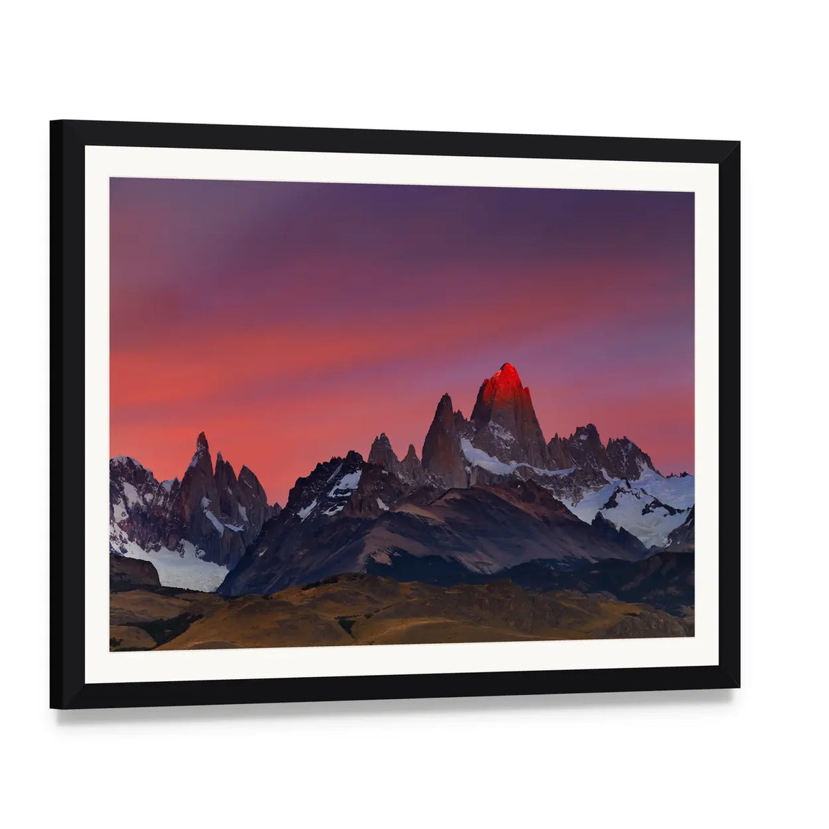 Mount Fitz Roy at Sunset Canvas Wall Art, framed print with white mat and black frame, angled product view