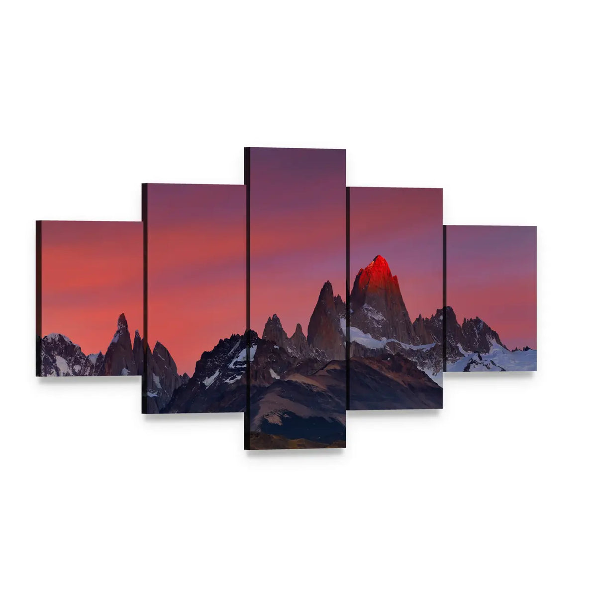 Mount Fitz Roy at Sunset Canvas Wall Art, 5 panel 5 Star layout gallery wrapped canvas set, angled product view