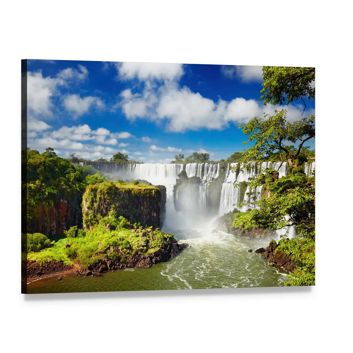 Iguassu Falls Waterfall Landscape Canvas Wall Art, single panel gallery wrapped canvas, angled product view
