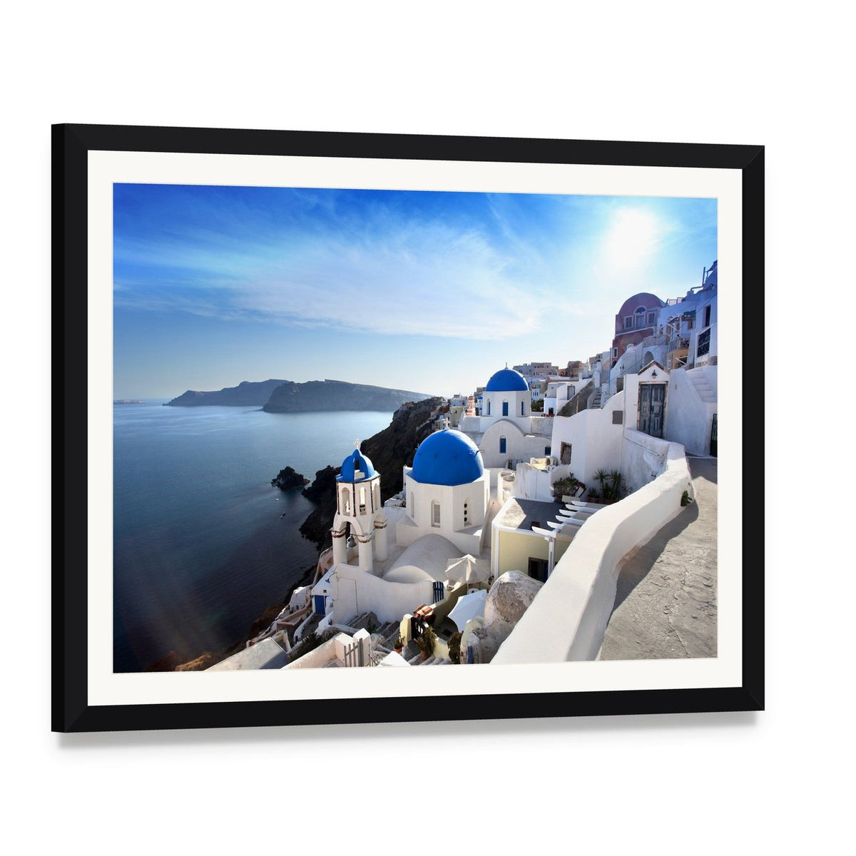 Santorini Island with Blue Domed Churches Canvas Wall Art, framed print with white mat and black frame, angled product view