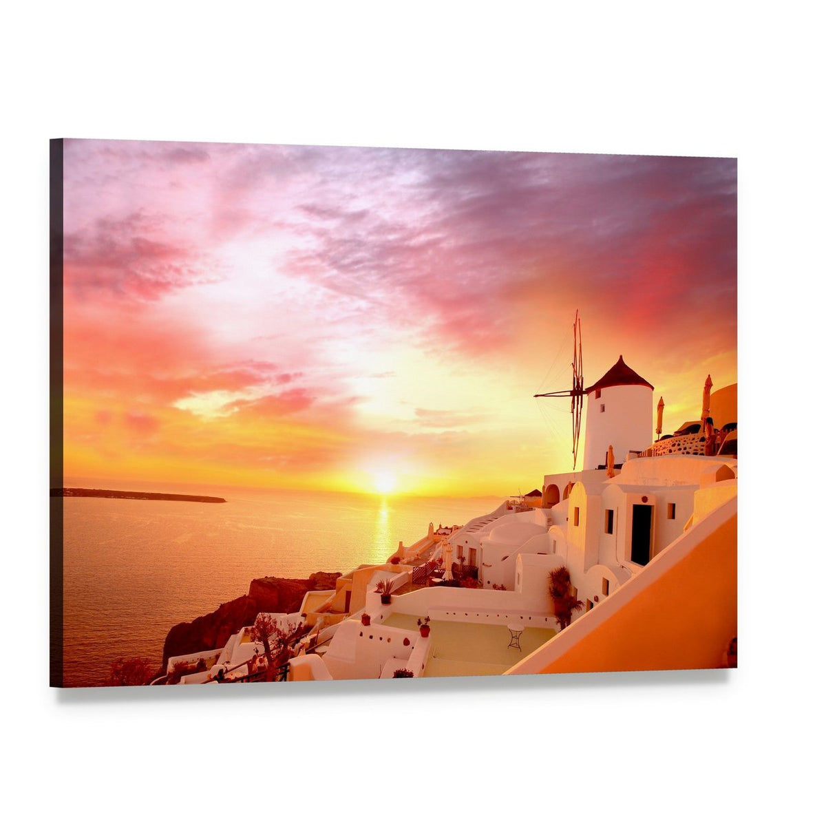 Santorini Sunset with Windmill in Greece Canvas Wall Art, single panel gallery wrapped canvas, angled product view
