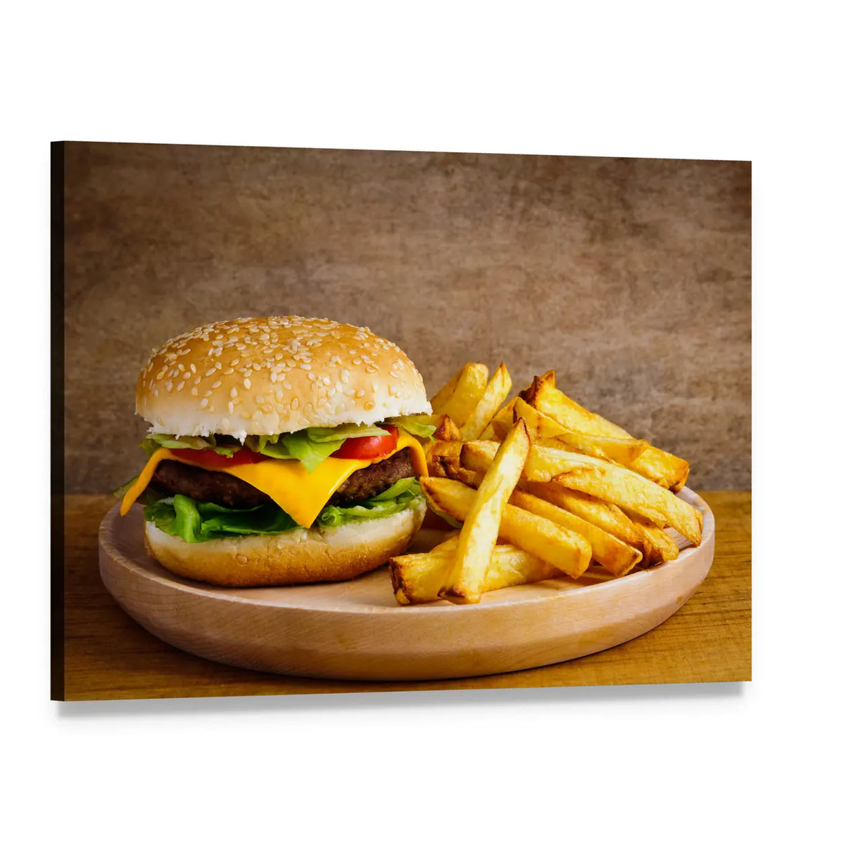 Cheeseburger and Fries on Wooden Plate Canvas Wall Art, single panel gallery wrapped canvas, angled product view