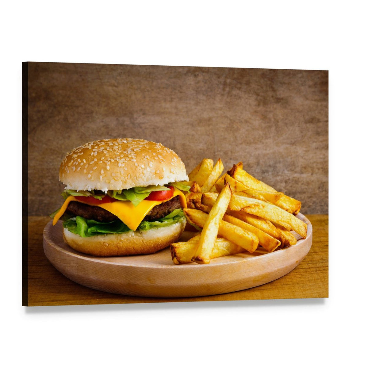 Rustic Hamburger and Fries Canvas Wall Art, single panel gallery wrapped canvas, angled product view