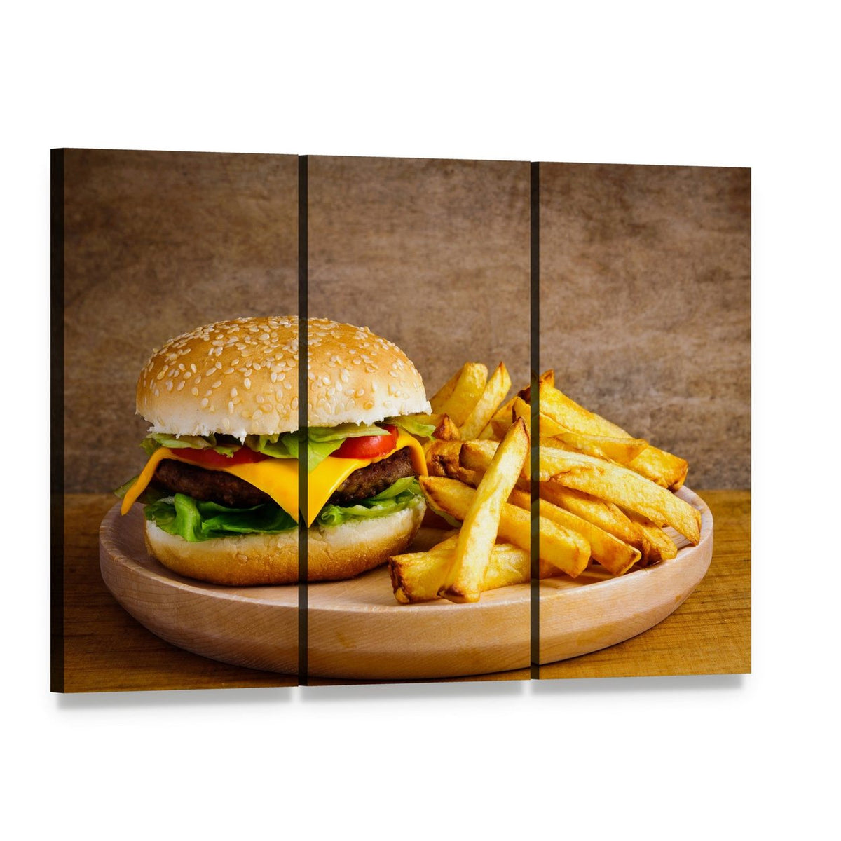 Rustic Hamburger and Fries Canvas Wall Art, 3 panel 3 Horizontal layout gallery wrapped canvas set, angled product view