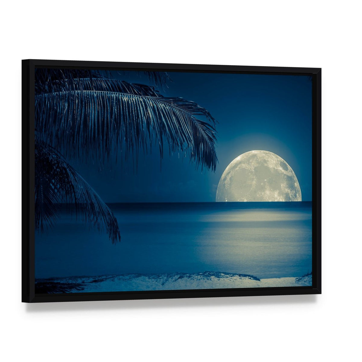 Moonlit Beach Reflection Canvas Wall Art, framed canvas in a black floater frame, angled product view