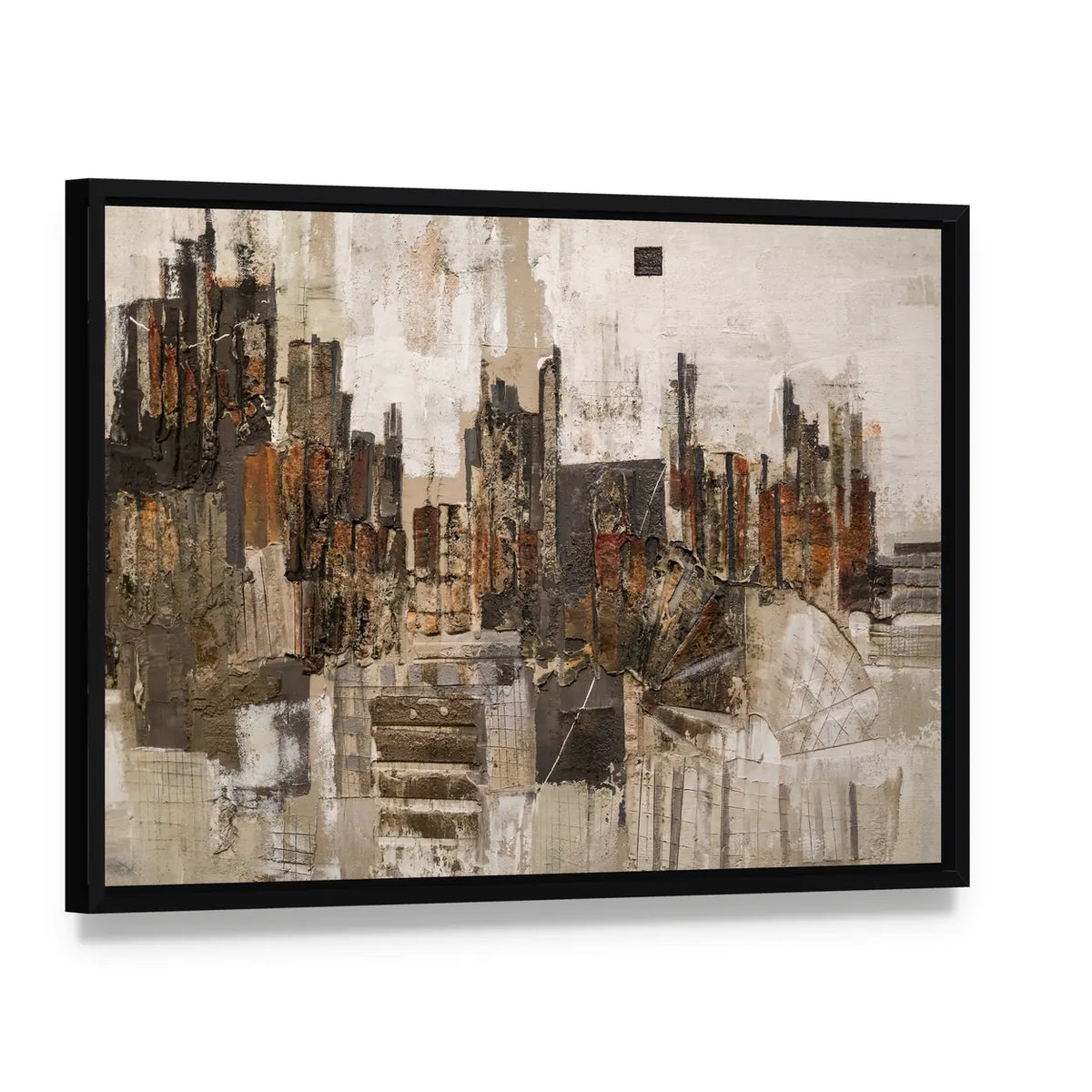 Textured Abstract Urban Skyline Canvas Wall Art, framed canvas in a black floater frame, angled product view