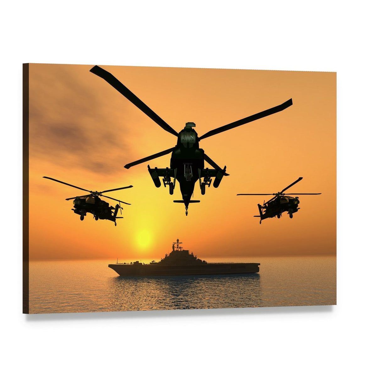 Three Apache Helicopters Canvas Wall Art, single panel gallery wrapped canvas, angled product view