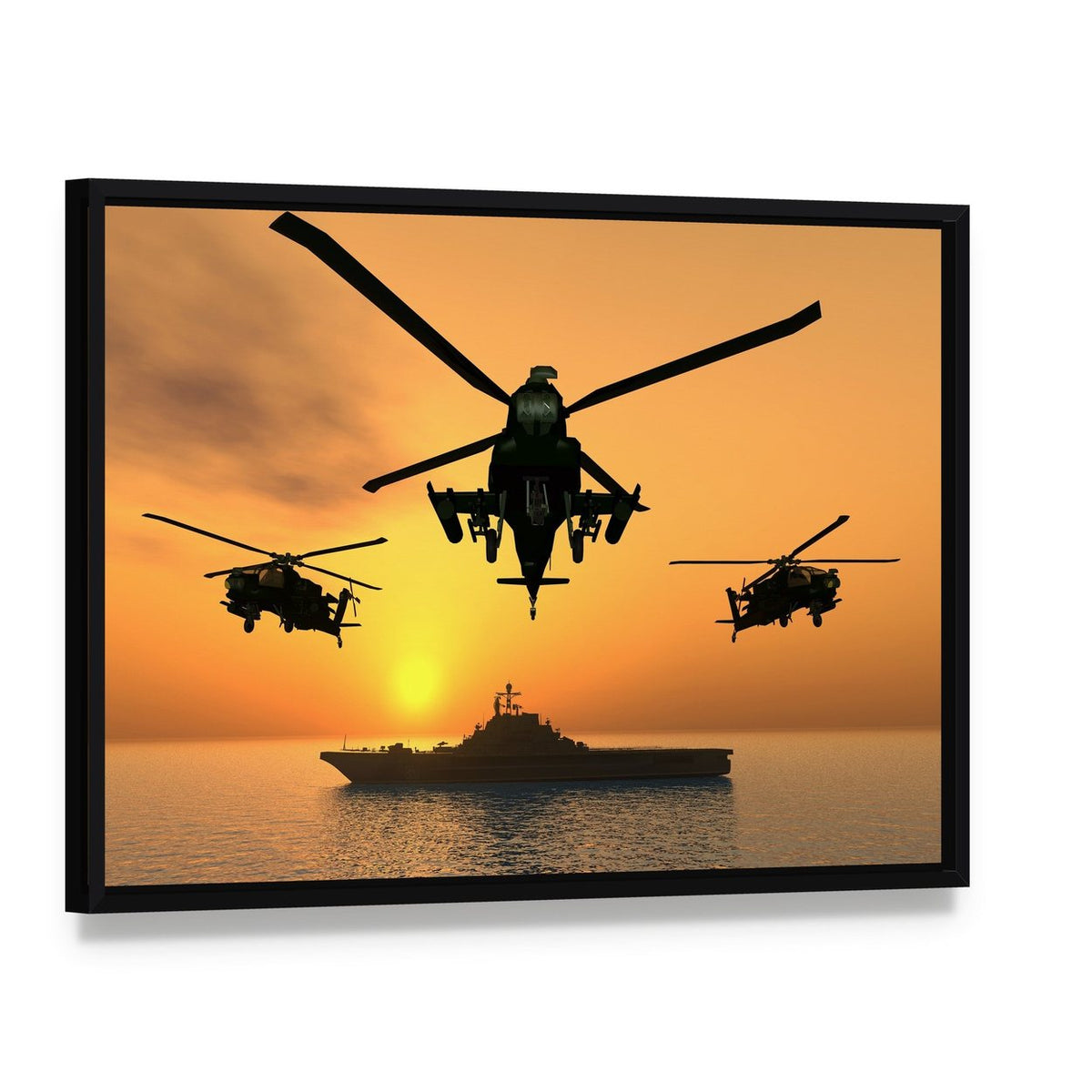 Three Apache Helicopters Canvas Wall Art, framed canvas in a black floater frame, angled product view