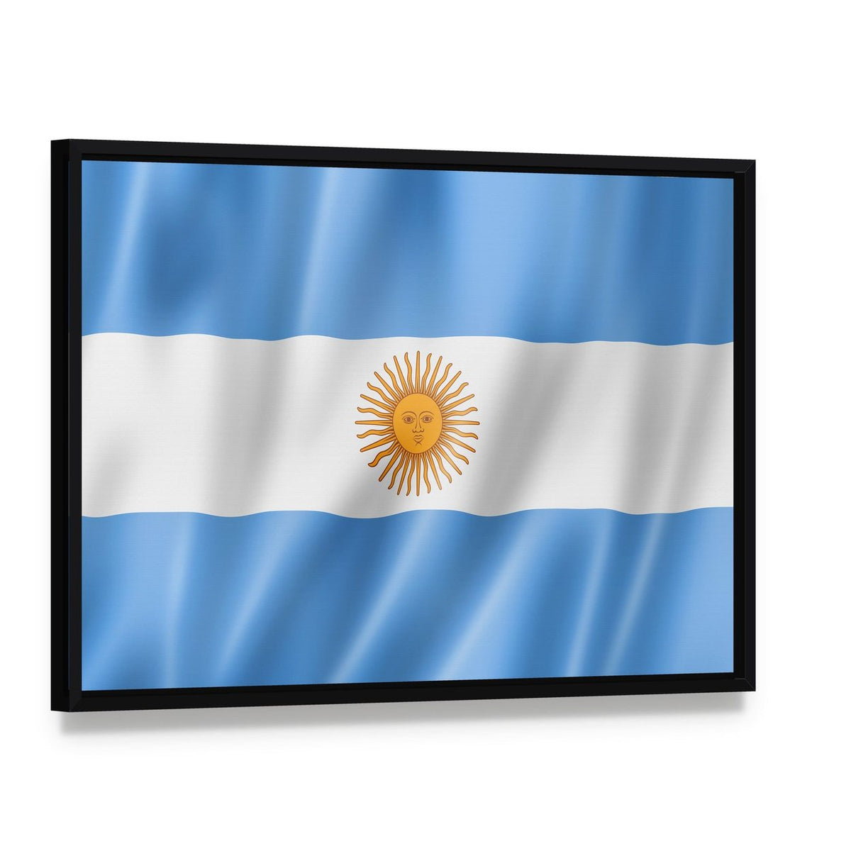 Waving Argentina Flag Canvas Wall Art, framed canvas in a black floater frame, angled product view