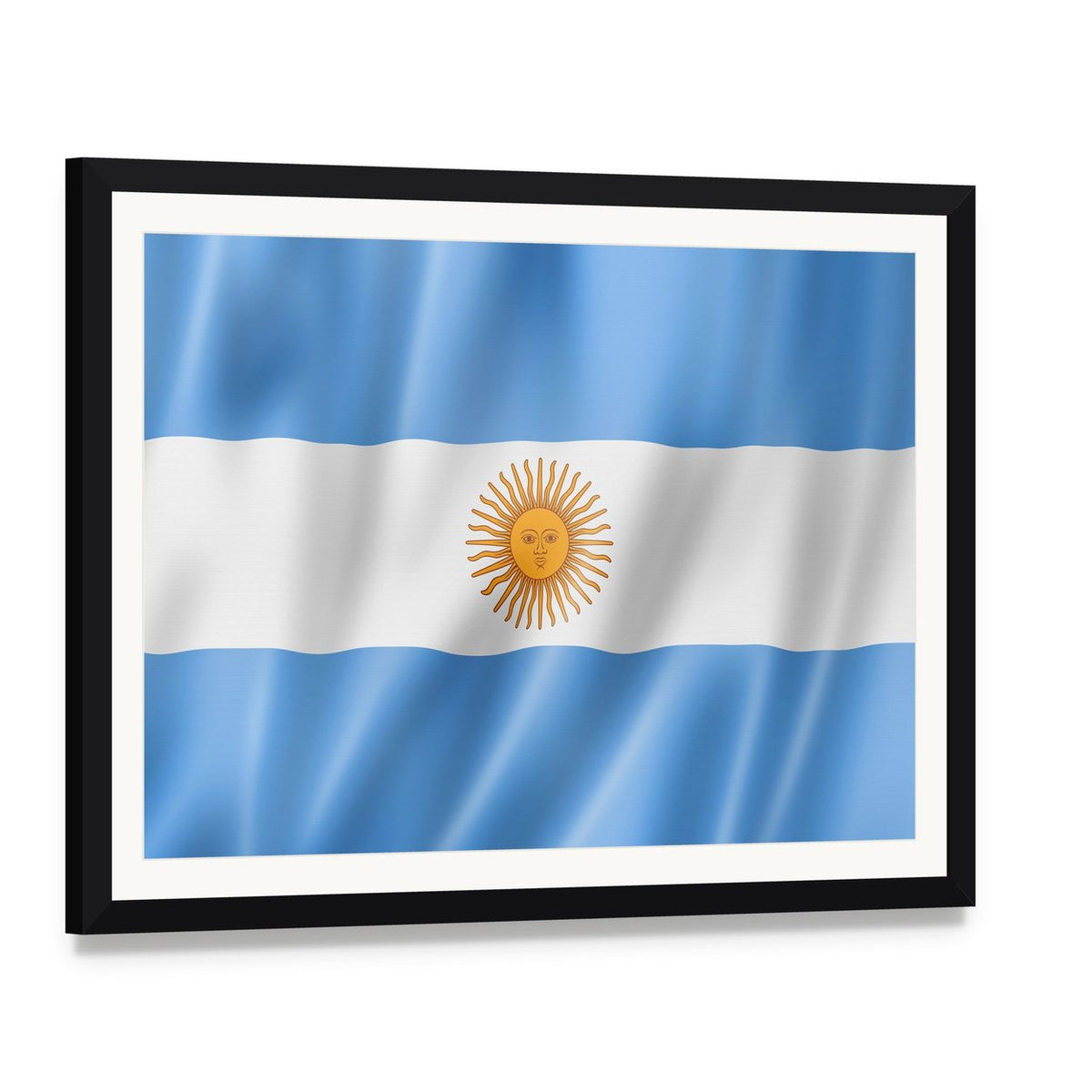 Waving Argentina Flag Canvas Wall Art, framed print with white mat and black frame, angled product view