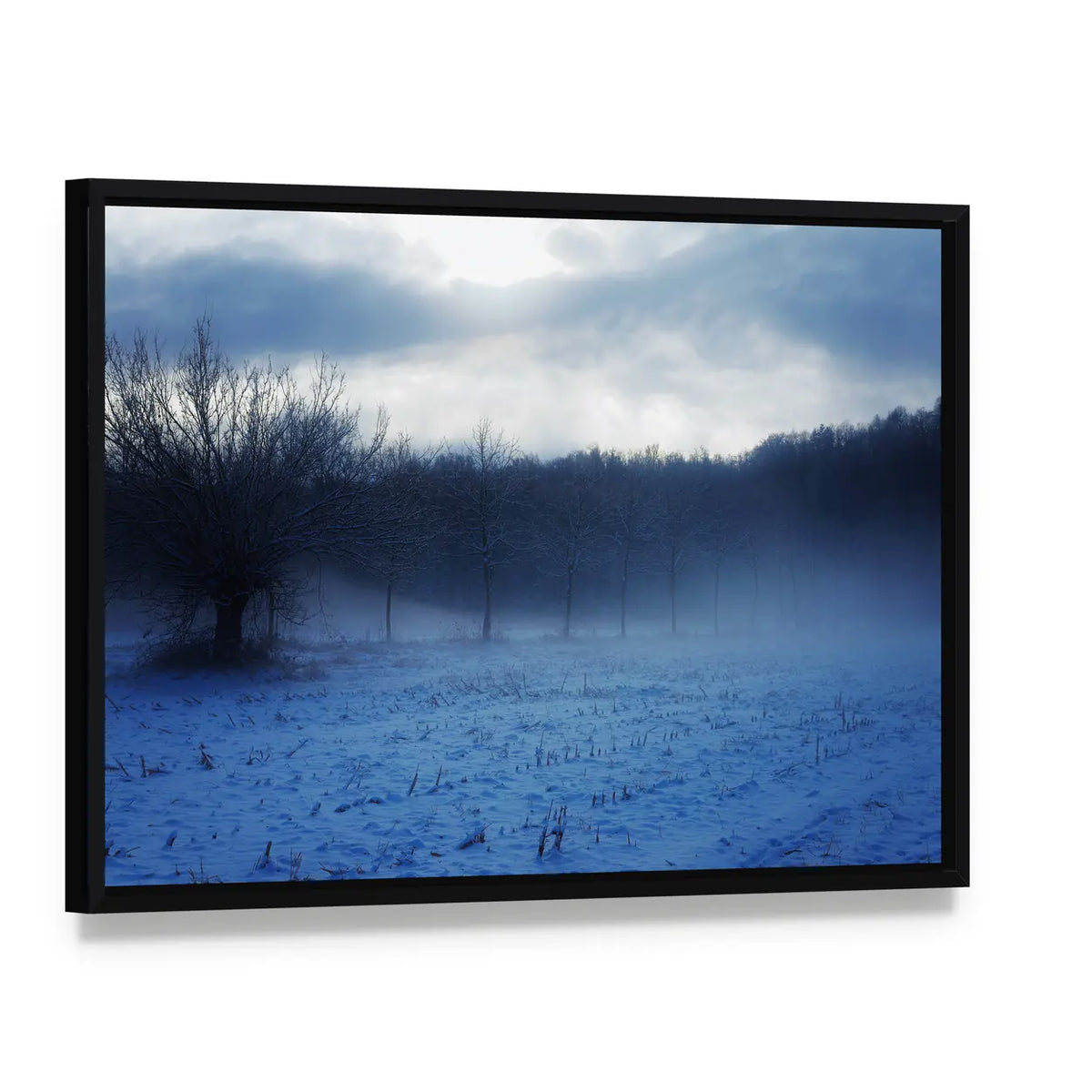 Italian Countryside in Winter Canvas Wall Art, framed canvas in a black floater frame, angled product view