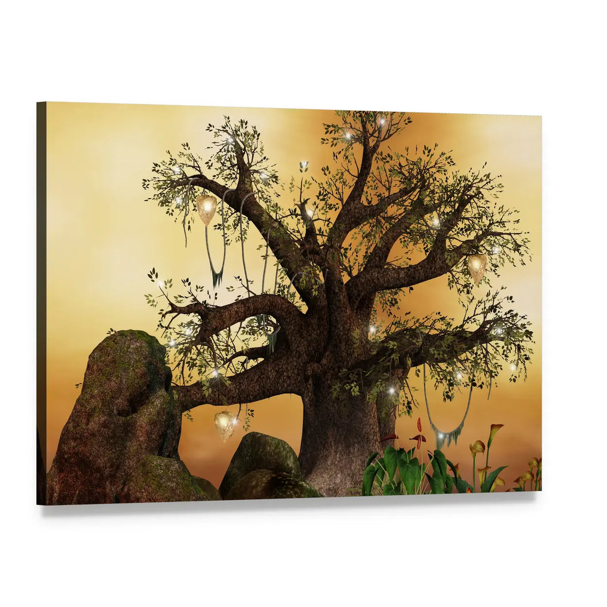 Enchanted Tree with Glowing Lanterns Canvas Wall Art, single panel gallery wrapped canvas, angled product view