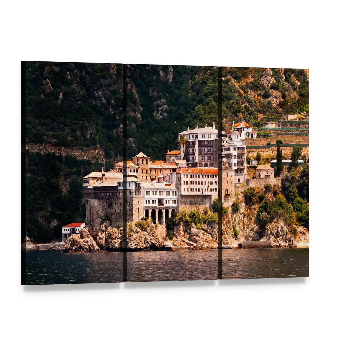 Monastery Agia Grigoriou Canvas Wall Art, 3 panel 3 Horizontal layout gallery wrapped canvas set, angled product view